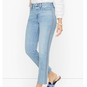 Talbots ladies jeans with navy & white stripe ribbon down the side of the leg